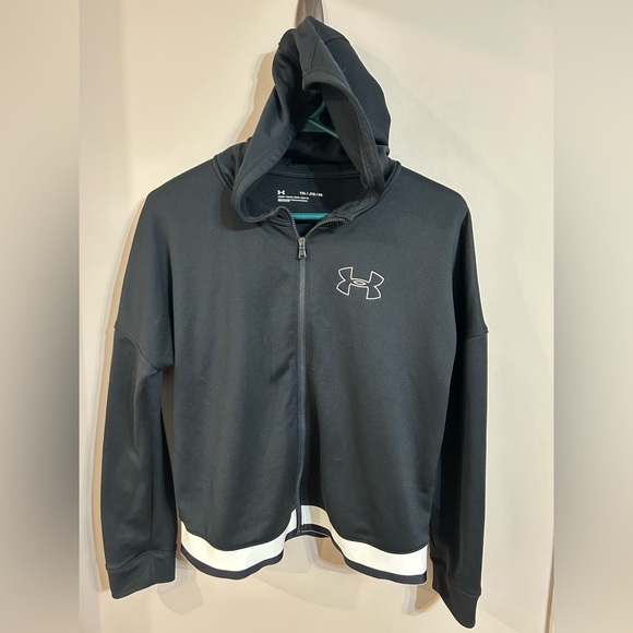 Girls YXL under armour hooded track warm up jacket black white logo - Picture 2 of 7